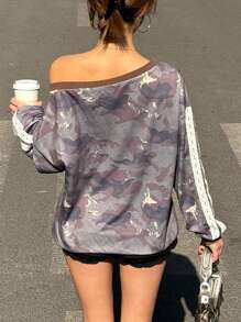 Pull femme épaules dénudées camouflage, pull casual sport blocs de couleurs, printemps et automne