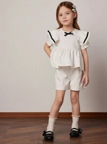 PrepCrw 少女学院风白色编织领上衣和短裤套装，春夏 - 白色 - 查看 4