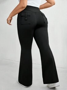 SHEIN Essnce 大码女式夏季新款时尚休闲通勤运动健身提臀瑜伽紧身裤喇叭裤带口袋裤慢跑裤女式，黑色裤子