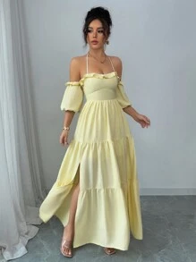 Rafferiza Vestido largo con abertura alta, cintura ceñida, mangas abullonadas, volantes en el bajo, de tela con textura arrugada y parches, versátil y de moda para vacaciones, sin tirantes y con nudo - Amarillo - Ver 2