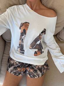 Aloruh 2pcs/Set Women Open Shoulder Long Sleeve Top And Shorts - Multicolor - View 4