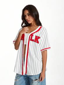 SHEIN Unity Spring New Vintage Street Style Women Red Text & Striped Loose Casual Baseball Jacket Short Sleeve - White - View 7