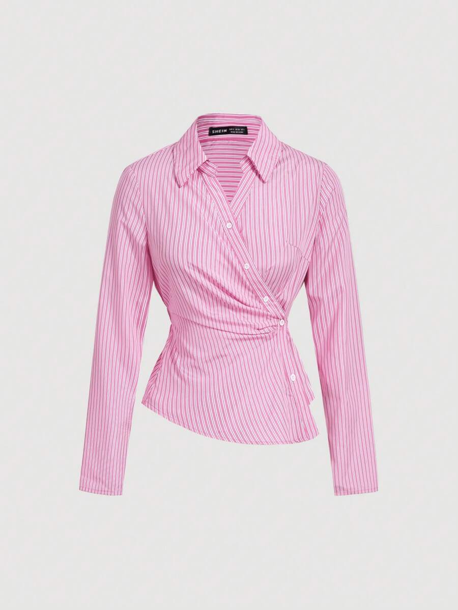 SHEIN MOD Women's Pink & White Striped Turndown Collar Fold-Over Long Sleeve Business ,Business Casual Women,90s,Fall,Business Casual Women,Back To School,Women Blouses,Going Out Tops,Long Sleeve Shirt,Work Women Blouses - Coral Pink - View 1