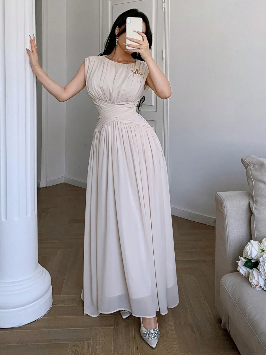 Feyla Váy suông không tay màu trơn đơn giản dành cho nữ, tối giản và thời trang để mặc hàng ngày - Màu be - Xem 1