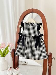 SHEIN LMoss Kids 女婴夏季可爱黑白格子蝴蝶结装饰连衣裙