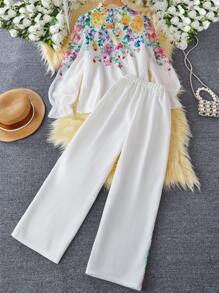 2pcs/Set Teen Girl Floral Print Frill Trim Long Sleeve Shirt And Pants Set