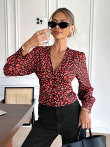 SHEIN Frenchy Women's Heart Print Long Sleeve Slim Fit Fashion Shirt,Romantic And Elegant Valentine's Day, Black, Red And Black, Heart-Printed Shirt, Puff Sleeves, Waist, Breast Cup, Elegant Spring/Summer Winter Casual - Multicolor - View 1
