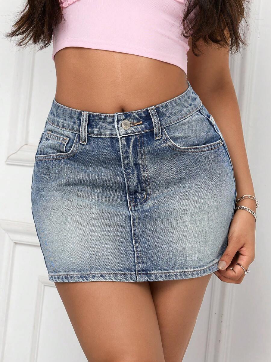 SHEIN PETITE Casual Washed Denim Mini Skirt, Slim Fit - Medium Wash - View 1