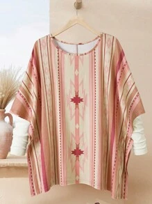 EMERY ROSE Plus Size Women's Cowgirl Outfit Round Neck Bat Retro Pattern Retro Print Loose Vacation Country Tops, Summer Outfits For Women