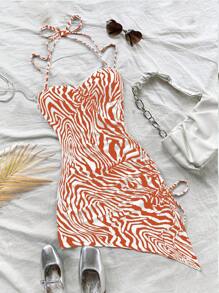 Soleia Women's Vacation Red & White Zebra Print Asymmetric Hem Halter Bowknot Bodycon Dress, Cute & Fashionable Outfit, Suitable For Autumn/Winter