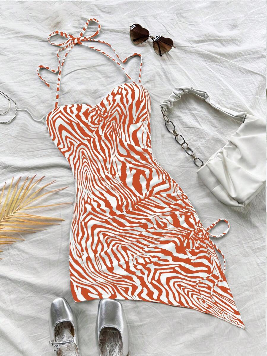 Soleia Women's Vacation Red & White Zebra Print Asymmetric Hem Halter Bowknot Bodycon Dress, Cute & Fashionable Outfit, Suitable For Autumn/Winter