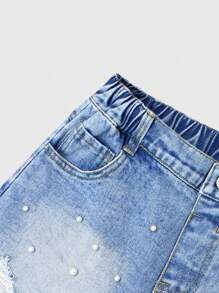 Girls Ripped Pearl Detail Denim Shorts, Fashionable Casual Lightweight Loose Washed Denim Shorts Suitable For Tween Girls, Spring/Summer 2025 New Collection, Suitable For Daily Wear - Light Wash - View 4