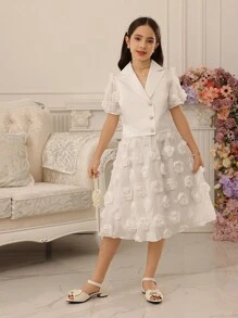 青少年女孩仿珍珠纽扣领泡泡袖衬衫和刺绣裙子 2 件套 - 白色 - 查看 3