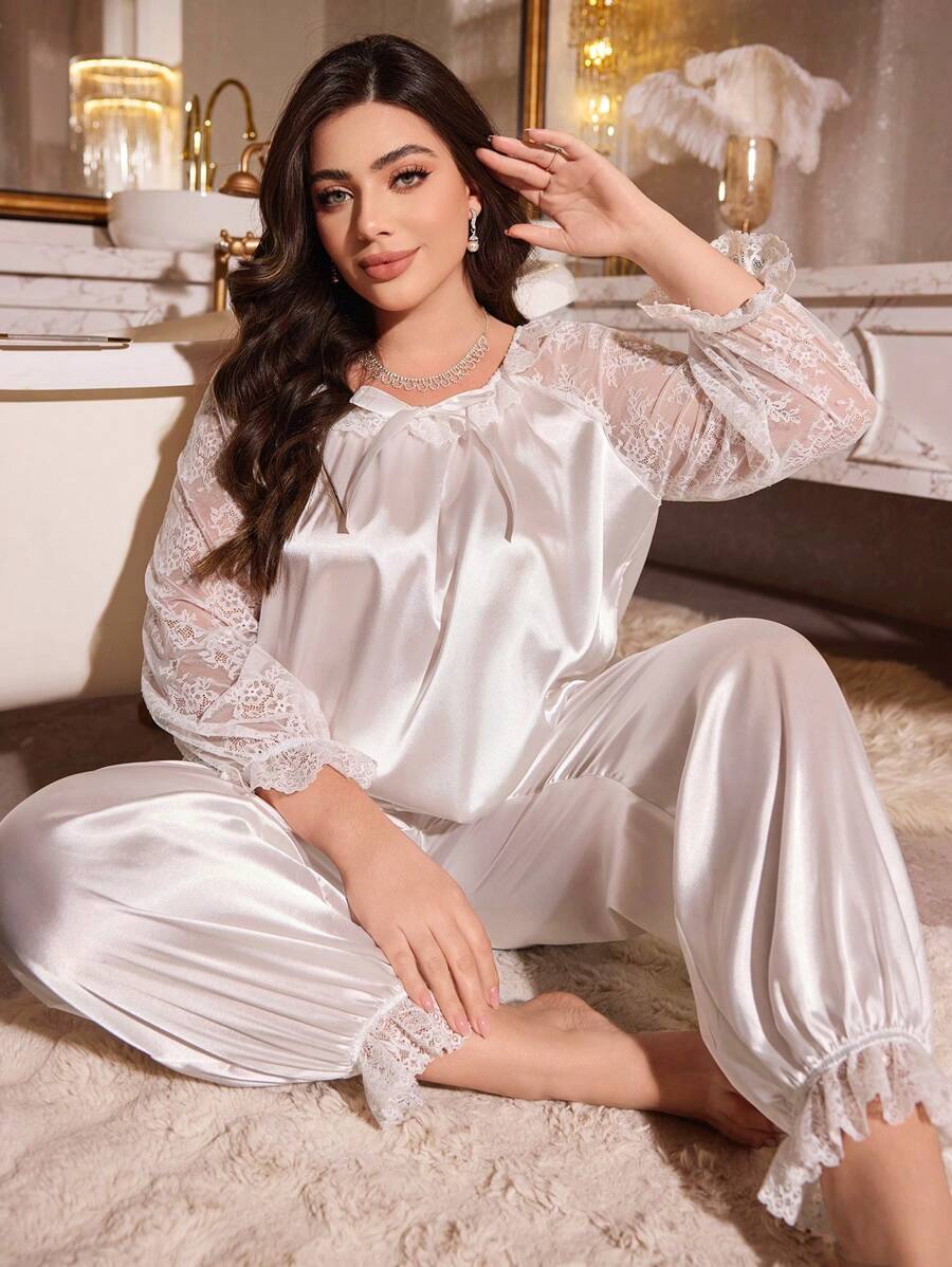 Plus Size Solid Color Lace Patchwork Lantern Sleeve Top And Pants Elegant Pajama Set