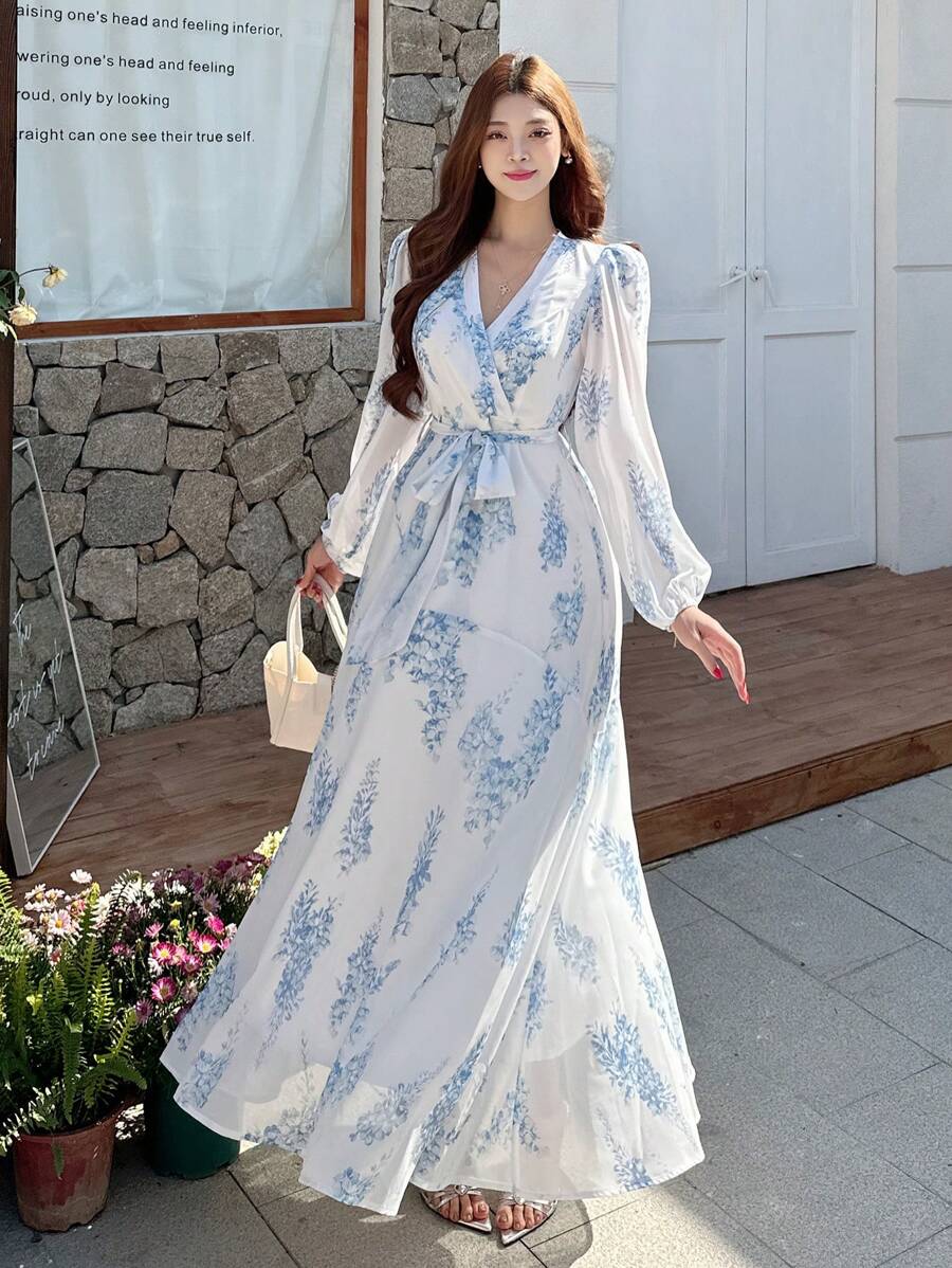 DAZY 女士印花灯笼袖优雅连衣裙，秋季长袖连衣裙，复活节 - 藍色 - 查看 1