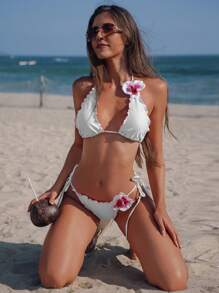 Nuevo conjunto de bikini de señora con volantes de unicolor, decoración de flor 3D y cruce de lazos, para vacaciones de verano en la playa