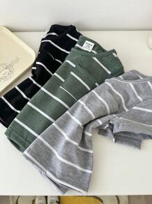 SHEIN Vintaside Kids 3 pièces Ensemble de Top rayé unisexe pour bébé garçon, noir, gris et vert olive - Couleurs assorties convenant à toutes les occasions en été. Vêtements de bébé garçon, hauts pour bébés garçons, vêtements pour garçons, vêtements de bébé garçon, hauts pour bébés garçons