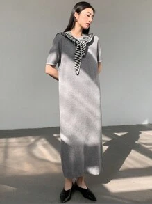 Dazy-Less 女士商务休闲宽松直筒条纹拼布针织毛衣连衣裙