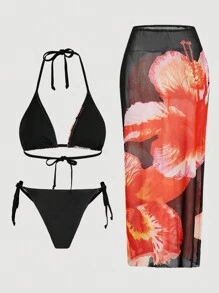 SHEIN MOD 3 Pieces Set: Red Floral Bandeau Bikini Top And Ruffle Skirt Cover-Up, Beach Outfits For Woman, Vacation Outfits Woman, Tropical Vacation Woman Clothes, Swimwear Set, Sexy, Sexy Bikini, Vacation Outfits Women, Beach Vacation, Two Pieces Swimwear For Summer Beach Vacation