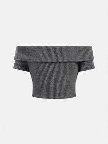 Girlism Conjunto de 2 piezas de top corto de manga corta sin hombros tejido con pantalones de cintura alta acampanados en tela pura para niña preadolescente, casual y elegante para uso diario, apto para primavera y verano, conjuntos de moda casual para niñas en la calle, vuelta al colegio, estilo campus