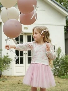 SHEIN Set da 2 pezzi per ragazze giovani: Deliziosa e dolce camicetta a maniche lunghe con stampa a fiocco + gonna tulle tinta unita, outfit morbido ed elegante, perfetto per abito da principessa, uscite, festival e raduni con famiglia e amici