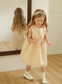 Fetă tânără Rochie A-Line Fără mâneci cu fundă 3D, elegantă, de culoare solidă