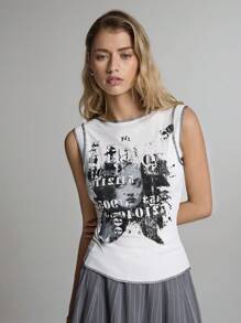 Easelle 女式白色针织字母与图案印花圆领背心