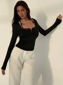 Aloruh Women's Solid Color Contrast Lace Bow Decor Long Sleeve T-Shirt