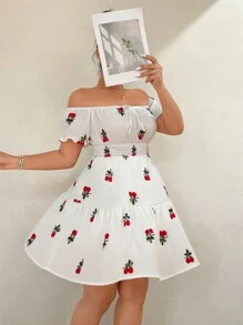 SHEIN Clasi Vestido de fiesta con bordado de cerezas, hombros descubiertos, mangas abullonadas y cintura ceñida, para mujer tallas grandes, ideal para el Día de San Valentín - Blanco - Ver 6