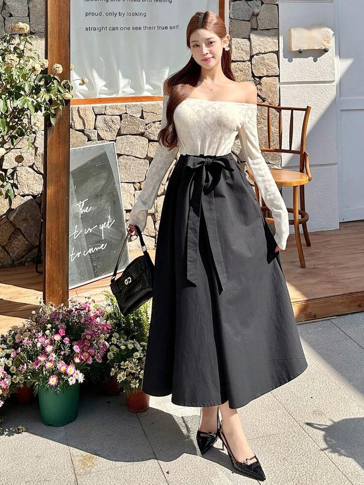 Women's Lace Splice Bodycon Midi Dress,Fall Dress Long Sleeve Dress Off Shoulder Top