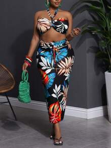 Slaydiva Plus Size Vrouwen Tropische Bloemenprint Halter Hals Tank Top & Getailleerde Rok 2-delige Set, Geschikt Voor Strand Resort