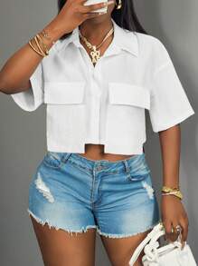 Slaydiva 2025 New Ladies Casual Stree Pocket Short Sleeve Shirt Collar Loose Crop White Drop Shoulder Shirt Women Blouses,Spring/Summer,Casual Daily Wear,Music Festival - White - View 6