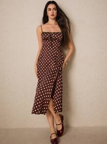 Poéselle Polka Dot Knot Front Split Thigh Cami Dress,Polka Dot Dress - Multicolor - View 3