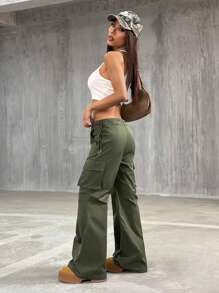 StreetHx Women's Spring Casual Solid Color Low-Waist Cargo Wide Leg Pants - Army Green - View 3