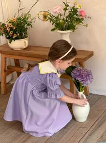 LMoss Kids Vestido casual ajustado con cuello y contraste de color para niña LMoss - Morado - Ver 5