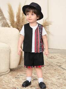 SHEIN 2pcs Baby Boy Retro Print Cardigan Vest And Shorts Set, Casual Daily Outfit, Suitable For Spring And Summer - Black - View 6