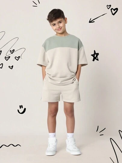 SUMWON Youth Co-Ord Set Ribbed Panel Sweatshirt Shorts Casual Activewear Sporty Athletic Matching Two-Piece Tracksuit Spring Summer Streetwear