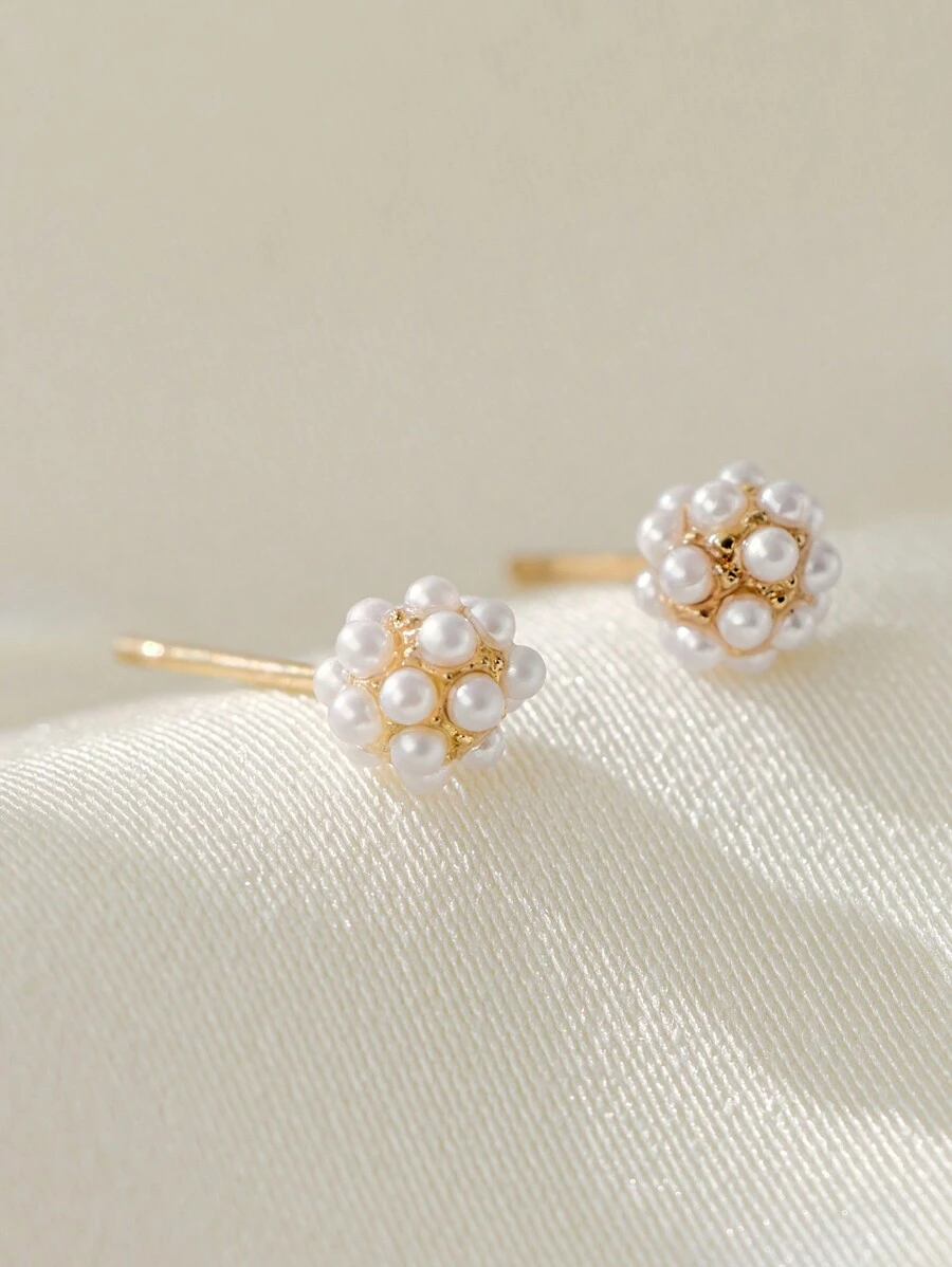 1对优雅不锈钢仿珍珠装饰耳钉，适合女性日常佩戴，圣诞节冬季圣诞礼物 - 金黃色 - 查看 1