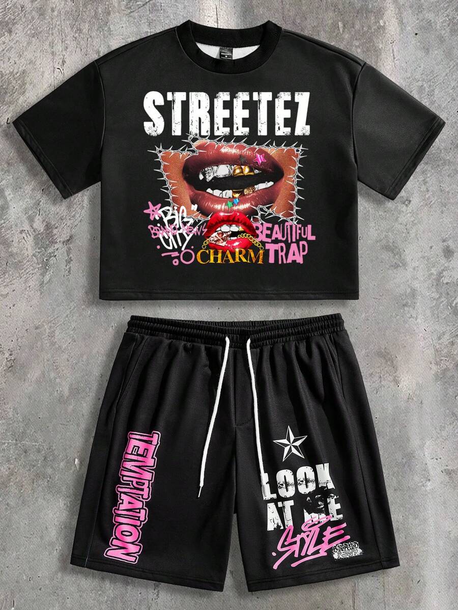 Manfinity NXTstreet Men's Casual Minimalist T-Shirt And Shorts Set For Daily Wear - Black - View 1