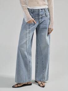 Ontre 2026 Spring/Summer Women's Light Blue Washed Denim Jeans, Designed With Split Lines, Wide-Leg Jeans, Fashion Versatile, Casual Commute, Urban Chic, Minimalist Elegant, Women's Pants, Spring/Summer Outfit, Vacation, Date, Holiday Attire, Asymmetric Waist Women's Fashionable Denim Jeans - Light Wash - View 5