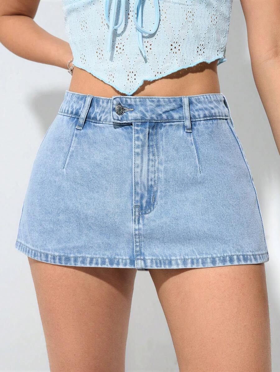 SHEIN ICON Women's Casual Washed Denim Mini Skirt - Light Wash - View 1
