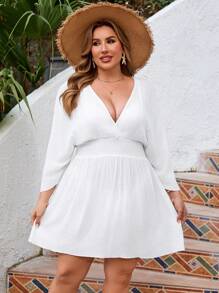 SHEIN Swim Curve 大码女式高腰 V 领罩衫连衣裙，休闲度假夏季海滩派对连衣裙