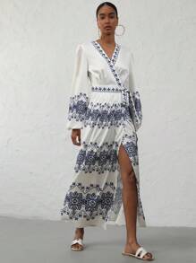 Aveloria Modichic Elegant Vacation Style Blue & White Porcelain Print Lantern Sleeve Wrap Waist Design Long Sleeve Dress For Women - Multicolor - View 2