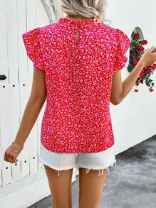 Breezaya 1件女士春夏假日圆领荷叶边短袖碎花宽松衬衫 - 紅色 - 查看 2