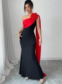 Rafferiza 女士黑色优雅淑女拼布缎面分层红色花朵长裙 - 黑色 - 查看 5