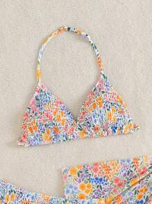 SHEIN Bộ đồ bơi bikini in hoa 3 món cho bé gái tuổi mới lớn, kèm khăn tam giác lưới và váy - Nhiều màu - Xem 5