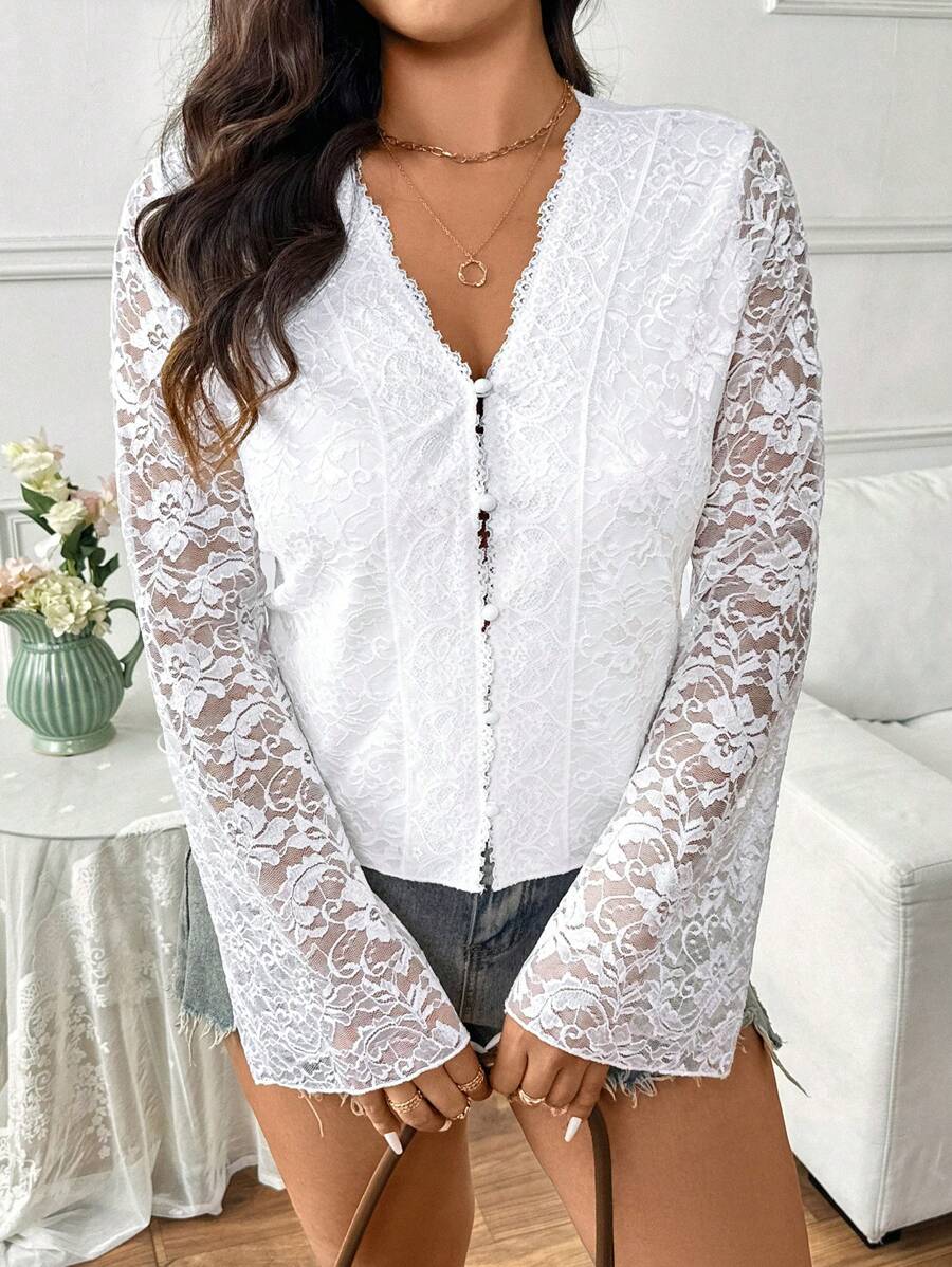 SHEIN Frenchy Plus Size Casual Elegant V-Neck Lace Bell Sleeve T-Shirt - White - View 1