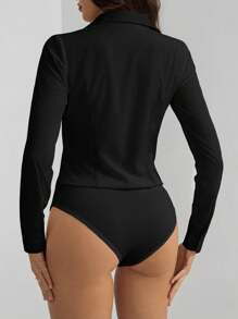 SHEIN Tall Solid Long Sleeves Button Front Shirt Bodysuit - Black - View 2