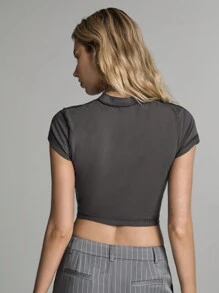 Easelle 女士灰色印花修身短款 T 恤 - 深灰色 - 查看 2