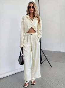 SHEIN Essnce Áo sơ mi nữ hở vai dài tay màu trơn cài khuy đơn cắt cúp - trắng - Xem 6